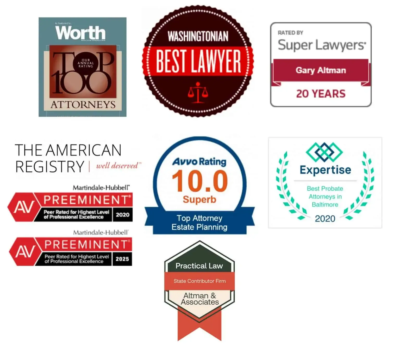 Award badges earned by Gary Altman and Altman & Associates: Worth Top 100 Attorneys, Washingtonian Best Lawyer, Super Lawyers (20 years), The American Registry, Martindale-Hubbell AV Preeminent for 2020 and 2025, an Avvo 10.0 Superb rating for estate planning, Expertise Best Probate Attorneys in Baltimore 2020, and Practical Law State Contributor Firm.