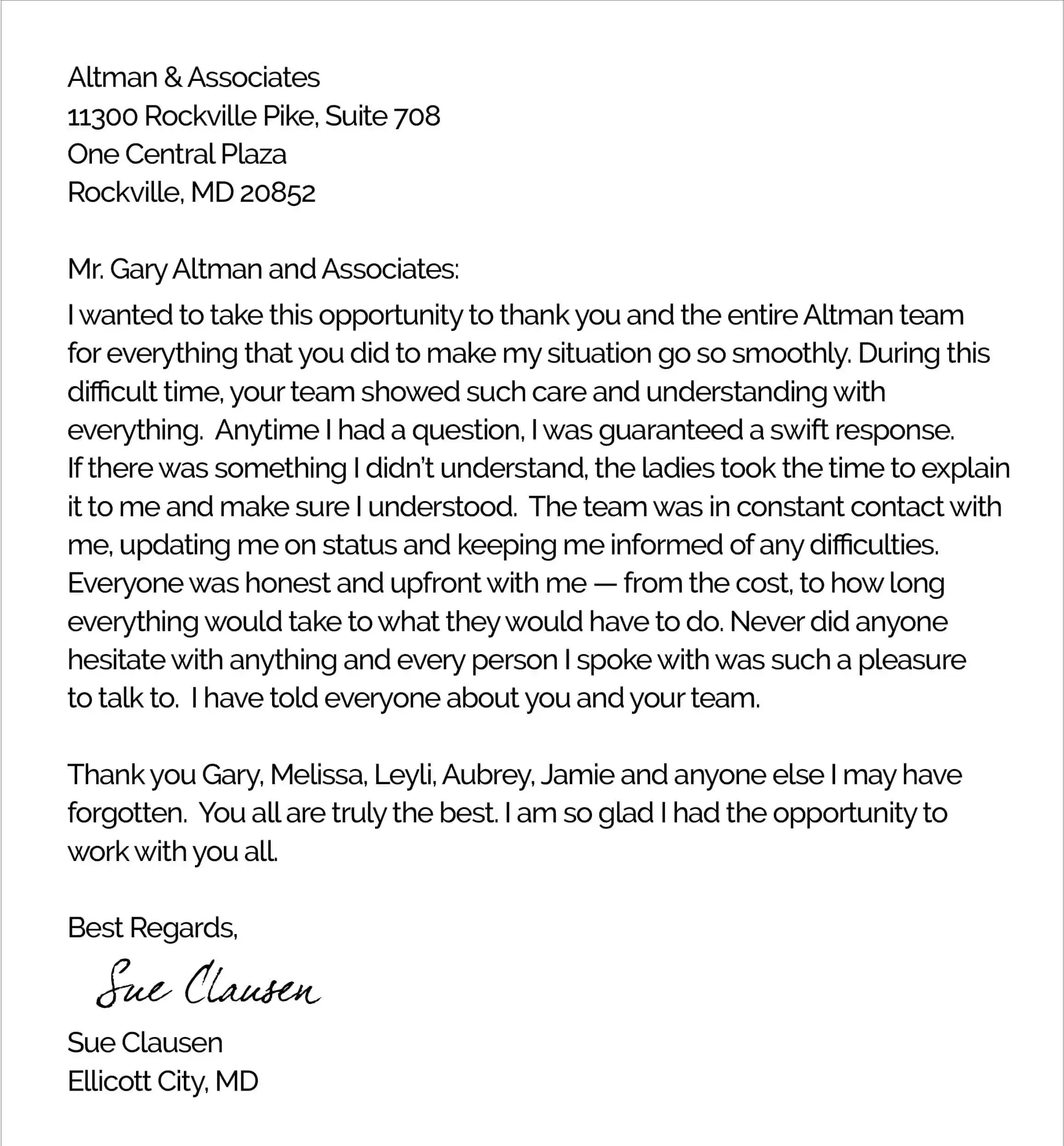 A typed thank-you letter to Altman & Associates from client Sue Clausen of Ellicott City, MD, praising the team's care, swift responses, clear explanations, and honesty about cost and timing during a difficult time.
